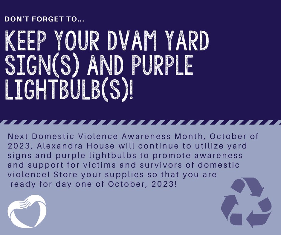 Thank you to all who participated in Alexandra House's #DVAM2022 campaign. Don’t forget to keep your DVAM yard sign(s) and purple lights for next year!