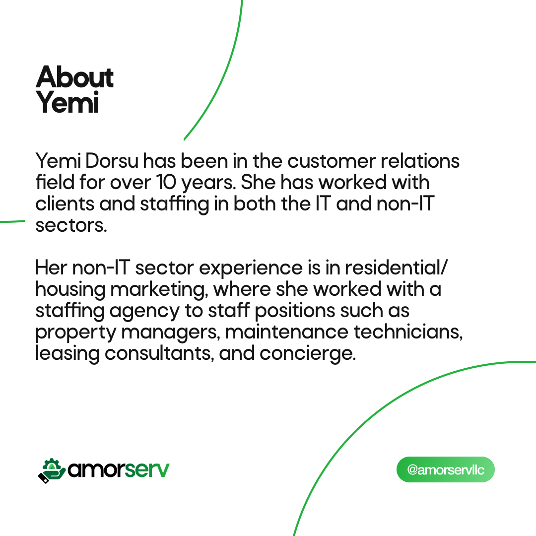 AmorservLLC's tweet photo. Meet Yemi Dorsu, our Talent Acquisition Manager.
Swipe through to find out more interesting facts about Yemi!

#servicedelivery #employeebio #amorserv #ITsupport #technology https://t.co/VOju4MtQBe