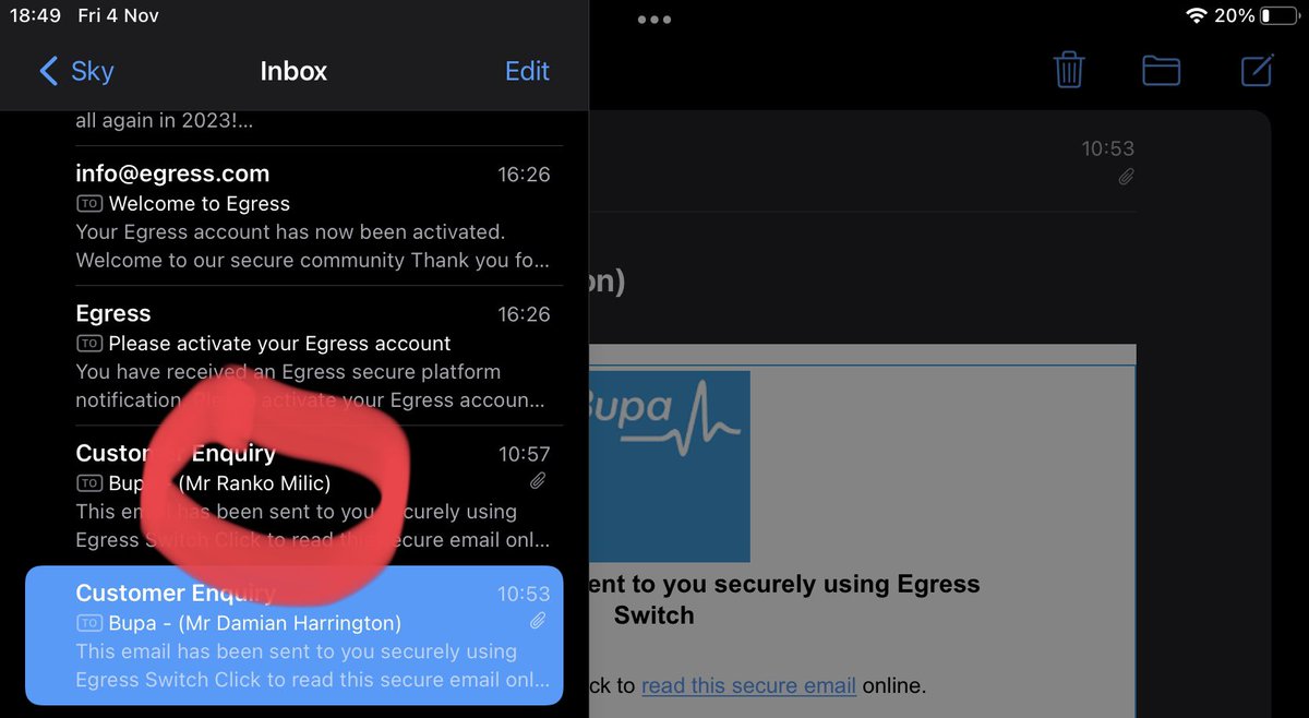Hello <a href="/BupaUK/">Bupa UK</a>  so you insist on using egress for security reasons, guess you should look at you manual process, 4 mins after the expected contact shown in blue, I was also sent this gents email response from you AND I can log into the content.

#GDPR #personal #breech