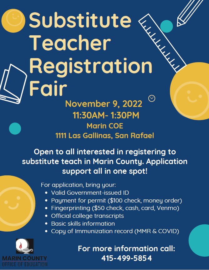 RVSD's tweet photo. The Marin County Substitute Teacher Registration Fair will be held next week, November 9, at the County Office of Education. This is a critical need for our schools - YOU can make a positive impact for our kids!! https://t.co/gx3itzCOEW