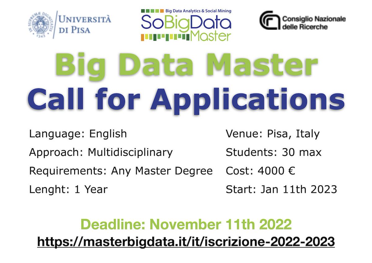 Want to deal with #BigData using #artificialintelligence #deeplearning #machinelearning and #DataScience?Join the Master in #BigData!
#deadline of the #CallforApplication: 11 Nov 2022
#datajournalism #socialsciences #AI #Pisa
masterbigdata.it/it/iscrizione-…