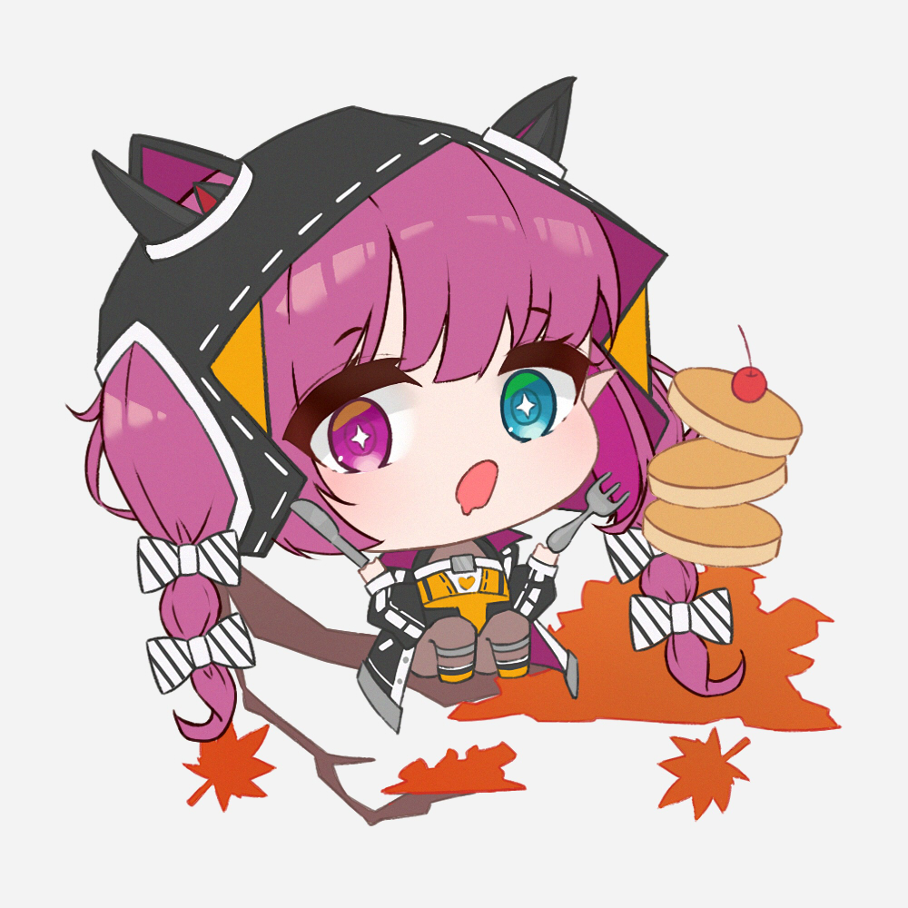 1girl heterochromia chibi food fork solo pancake  illustration images