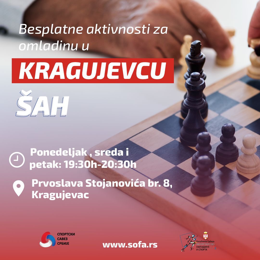 Ako si oduvek želeo/la da daš šah-mat u jednom potezu, prijavi se na besplatne časove šaha! ♟
Potrebno je samo da se registruješ na sajtu sofa.rs . Registracijom dobijaš ID broj sa kojim možeš da dolaziš na bilo koju aktivnost 😁
Vidimo se!