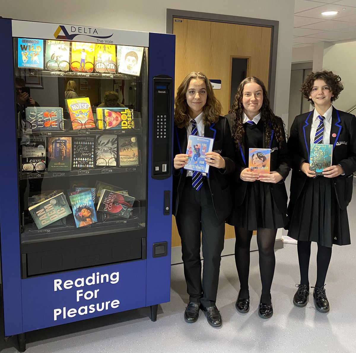 TVAbrigg's tweet photo. From one student who has completed additional enrichment work, a creative writing competition winner, and another student with outstanding progress with reading intervention, here are some of the first recipients of books from our new ‘Reading for Pleasure’ vending machines. https://t.co/9j2t20M0QV