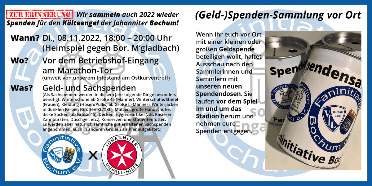 FaniniBo's tweet photo. Wir wollen euch nochmal an unsere nächsten Dienstag stattfindende Spendensammlung für den @johanniter „Kälteengel“ Bochum erinnern. Nutzt das Wochenende und sucht Sachen zum Spenden zusammen oder spendet einfach Geld. Alle Infos findet ihr in der Grafik. Bis Dienstag! #meinVfL https://t.co/jMNOi0ZeML