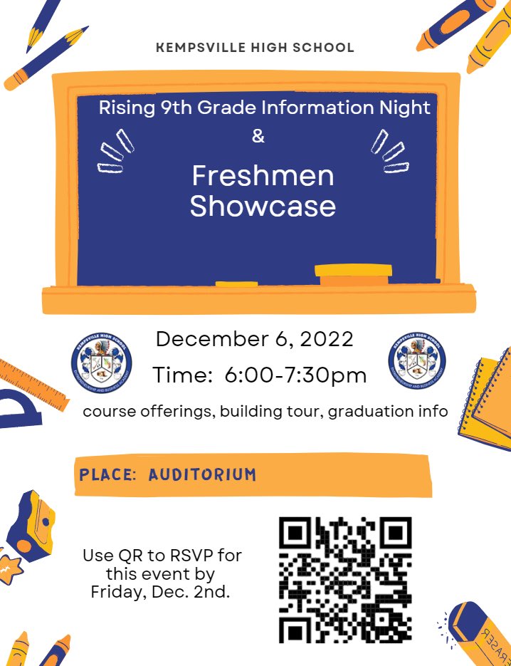 All rising 9th graders/families to Kempsville High School are invited to the KHS Rising 9th Grade Night on December 6 from 6:00-7:30pm. Please use QR code to RSVP before December 2nd. #chiefkhspride #ebaproud