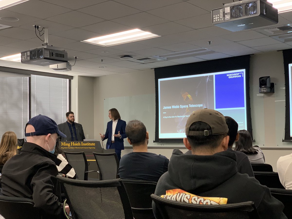 USCOptics's tweet photo. Very excited to welcome @northropgrumman engineers Neil and Jeremy to campus to hear about the #JamesWebbSpaceTelescope! Guest tweeter @ktrett_ will be live tweeting the talk for us! https://t.co/kDxuTrEXCA