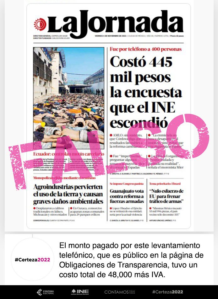 🚨 #FALSO que la encuesta realizada por el INE costó 445 mil pesos y que se haya ocultado.

El monto pagado por este levantamiento telefónico, que es público en la página de Obligaciones de Transparencia, costó un total de 48,000 pesos más IVA.

#NoALaDesinformación #Certeza2022