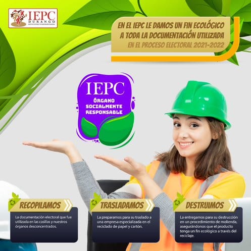 IEPCDurango's tweet photo. ♻️En el @IEPCDurango le damos un fin ecológico a toda la documentación utilizada en el Proceso Electoral 2021-2022. 
Somos un Órgano socialmente responsable ya que toda la documentación será recopilada, trasladada y destruida sin afectar el medio ambiente. https://t.co/ugTzlXfFQA
