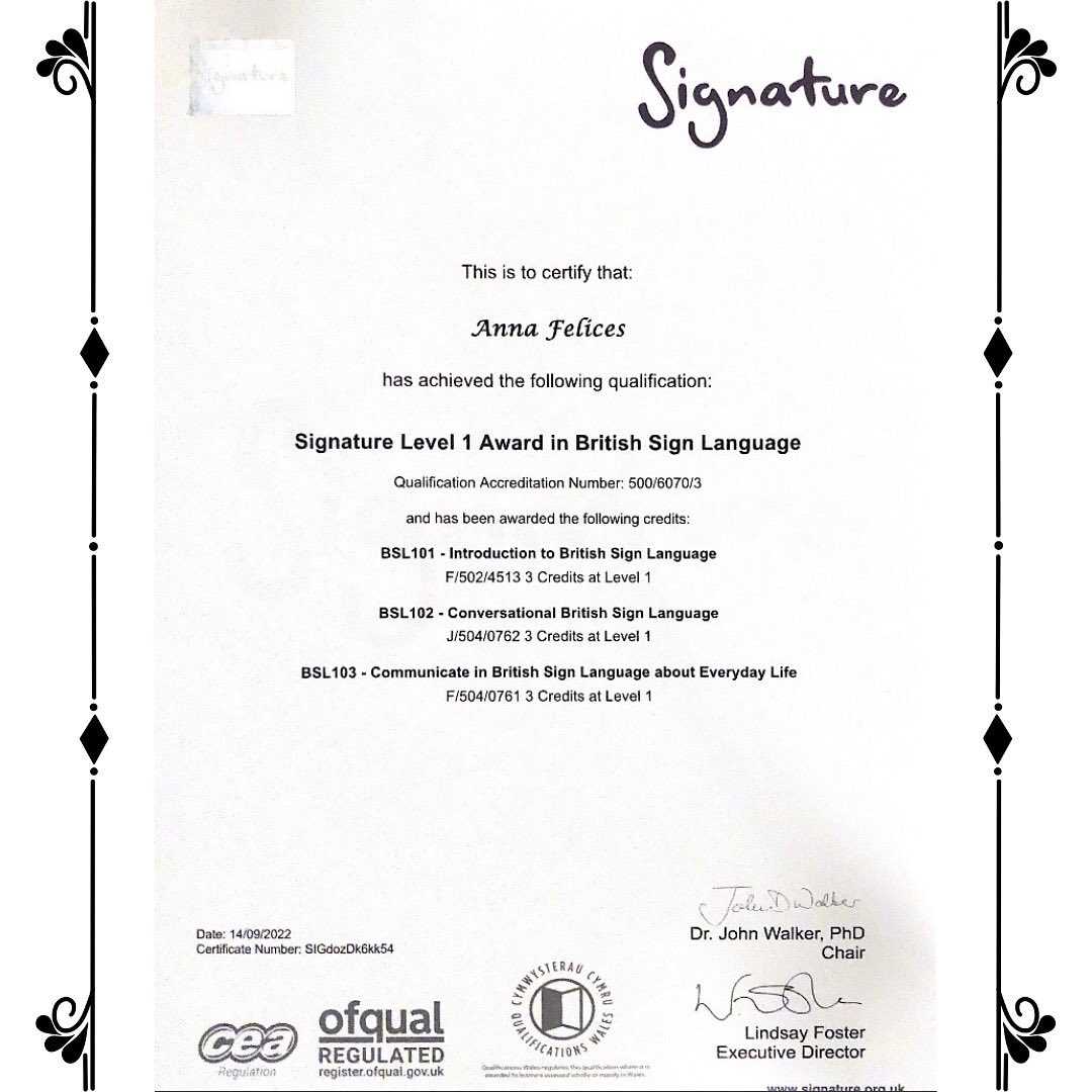 jaffa_anna's tweet photo. Achieved my BSL Level 1 Certificate ๐
I donโt do a whole lot that Iโm proud of, but I am proud of this.
Many thanks to Gill Earl and our amazing teacher, Ian Cockburn.
#bsl #britishsignlanguage #bslcertificate #bsllevel1 #signlanguage #student #deafawareness https://t.co/6QXp4Ucequ