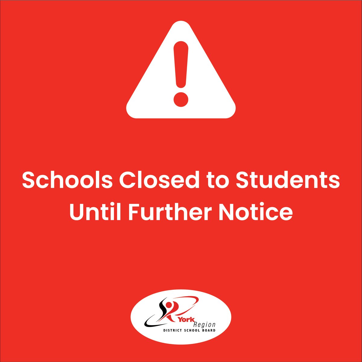 CUPE has provided notice that their withdrawal of service will continue, York Region District School Board schools will be closed to students until CUPE members return to work. 

Students will learn remotely. 
 
PARENTS DO NOT send your child to school until further notice.