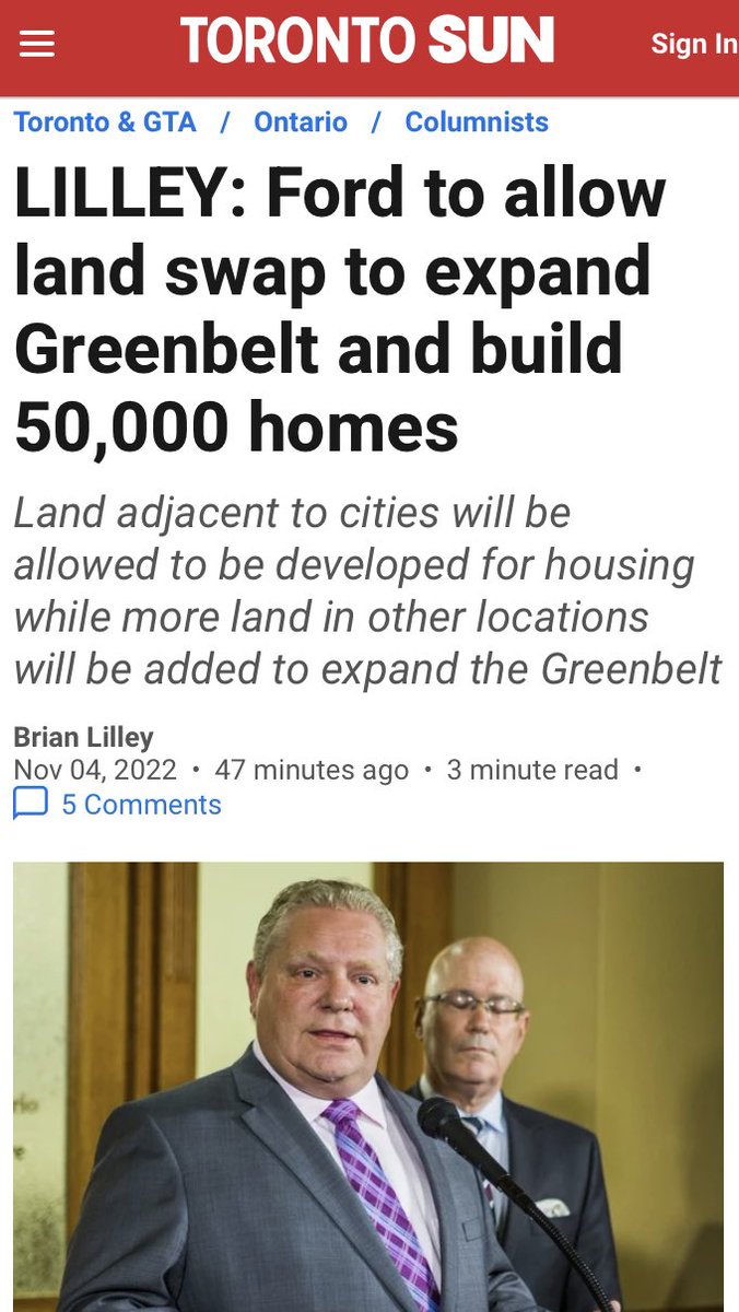Urgency to stop sprawl, eating up agri-land to build single family housing. Greater Toronto GTHA can easily fit ALL pop growth by just densifying big roads, arterials, 5-13 storeys. Sprawl only benefits land owners (multiplies values w change use) &amp; hurts everyone. It’s criminal.