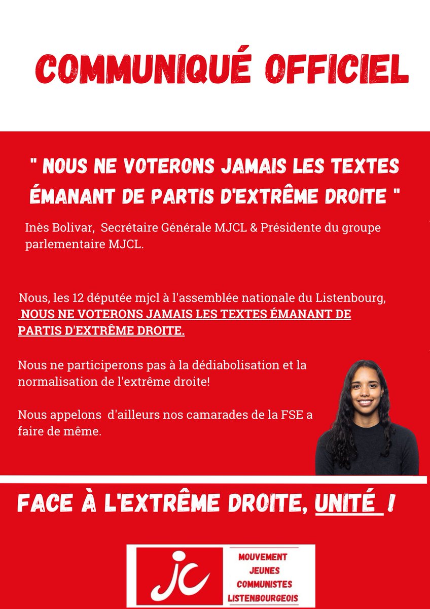 MJCListenbourg's tweet photo. 🔴 Communiqué Officiel MJCL 🔴

"Nous ne voterons jamais les textes émanant de Partis d'extrême droite!" @InesBolivarmjcl 

De par l'Histoire, Nous ne voulons pas participer à la banalisation de l'extrême droite!

Nous appelons nos camarades de la #FSE à faire de même! https://t.co/b49ePDtbw4