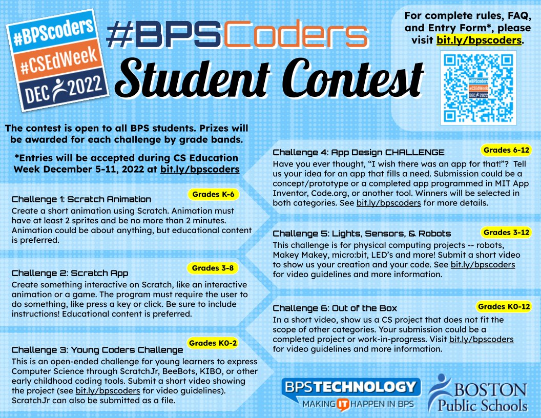 BPS Technology (@bpstechnology) on Twitter photo Calling <a href="/BostonSchools/">BostonPublicSchools</a> student coders! Visit bit.ly/bpscoders for our annual #BPSCoders student contest and enter during <a href="/CSEdWeek/">CSEdWeek</a>, Dec 5-11. Calling <a href="/BostonSchools/">BostonPublicSchools</a> student coders! Visit bit.ly/bpscoders for our annual #BPSCoders student contest and enter during <a href="/CSEdWeek/">CSEdWeek</a>, Dec 5-11.