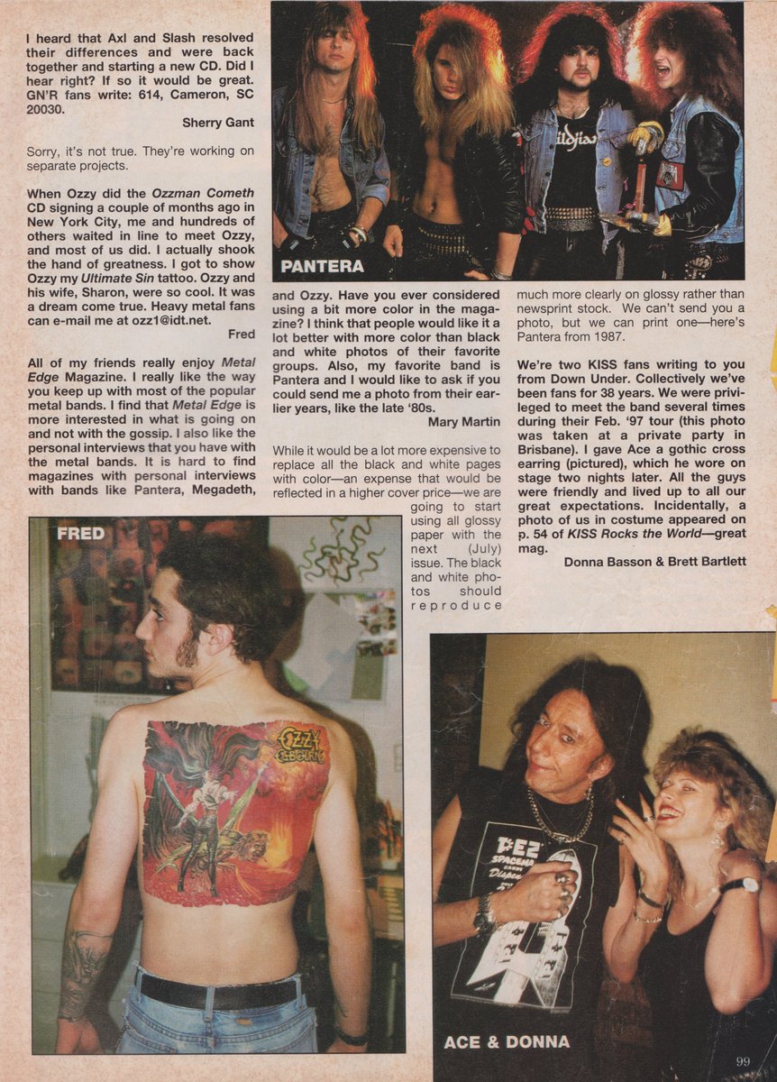 Nice Ozzy tattoo, Fred! Metal Edge mailbag, June 1998. #metaledgemagazine #pantera #rexbrown #philanselmo #vinniepaul #dimebagdarrell #ozzyosbourne #ultimatesin #acefrehley #kiss #ozzytattoo