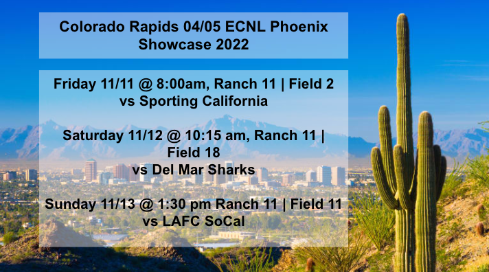 Less than 1 week until <a href="/ECNLgirls/">ECNL Girls</a> Phoenix! 🌵🏜️Come see us play! It's almost go time! <a href="/TopDrawerSoccer/">TopDrawerSoccer</a> <a href="/ImCollegeSoccer/">College Soccer Truth ™</a> <a href="/RapidsYouthClub/">Rapids Youth Soccer</a>