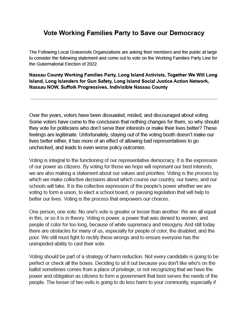 LI_Activists's tweet photo. Grassroots organizations across Long Island have come together in support of the @NYWFP and ask that their memebers and the public at large vote on row D this Gubernatorial election. Vote Working Families Party to represent your values and stand against alt-right extremism. https://t.co/YZtF05sniN
