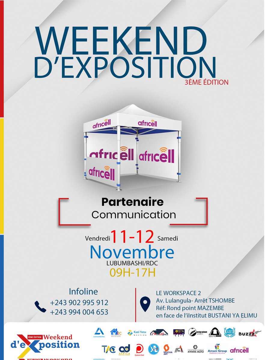 Comme à la précédente édition, <a href="/AfricellRDCongo/">Africell RDCongo</a>  nous a encore apporté son soutien à cette  3ème édition et affirme son engagement à voir l'entrepreneuriat local 100% Made in RDC 🇨🇩✌️🇨🇩 se développer. Merci au #ReseauDuPeuple  
#neratezpas 
#welcome 
#WEEKENDEXPOSITION3