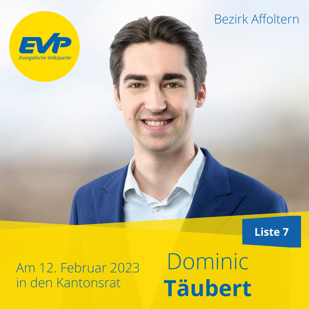 Dominic Täubert (@dominictaeubert) on Twitter photo Ich freue mich über das Vertrauen der EVP Bez. Affoltern, welche mich hinter unserem bisherigen KR und RR-Kandidat <a href="/SommerEVP/">Daniel Sommer Kantonsrat EVP</a> auf dem 2. Listenplatz für die Kantonsratswahlen vom 12.02.23 aufgestellt hat.
Mehr zu meiner Kandidatur auf: taeubert.ch
#WahlenKR2023 #KRW23 Ich freue mich über das Vertrauen der EVP Bez. Affoltern, welche mich hinter unserem bisherigen KR und RR-Kandidat <a href="/SommerEVP/">Daniel Sommer Kantonsrat EVP</a> auf dem 2. Listenplatz für die Kantonsratswahlen vom 12.02.23 aufgestellt hat.
Mehr zu meiner Kandidatur auf: taeubert.ch
#WahlenKR2023 #KRW23