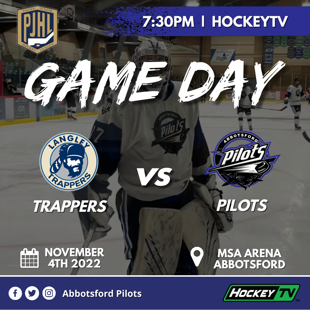 AbbyPilots's tweet photo. 🚨 FRIDAY NIGHT GAME DAY! 🚨⁠
⁠
Tonight your Abbotsford Pilots take on the @LangleyTrappers in a home ice match-up at MSA Arena! The Pilots are looking for the W tonight so come down and show the guys some support!! 

#GoPilots #Abbotsford #MadeofHockey #HockeyTV #PJHL https://t.co/dLL8qwlUmy