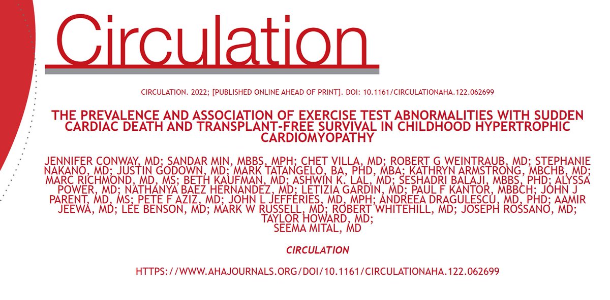 BREAKING NEWS! 🫀 The paper of the award winning abstract 'The Prevalence and Association of Exercise Test Abnormalities with SCD and Transplant-Free Survival in Childhood HCM' is now available @CircAHA Amazing!  @jen_conway1, @seema_mital et al. 

ahajournals.org/doi/10.1161/CI…