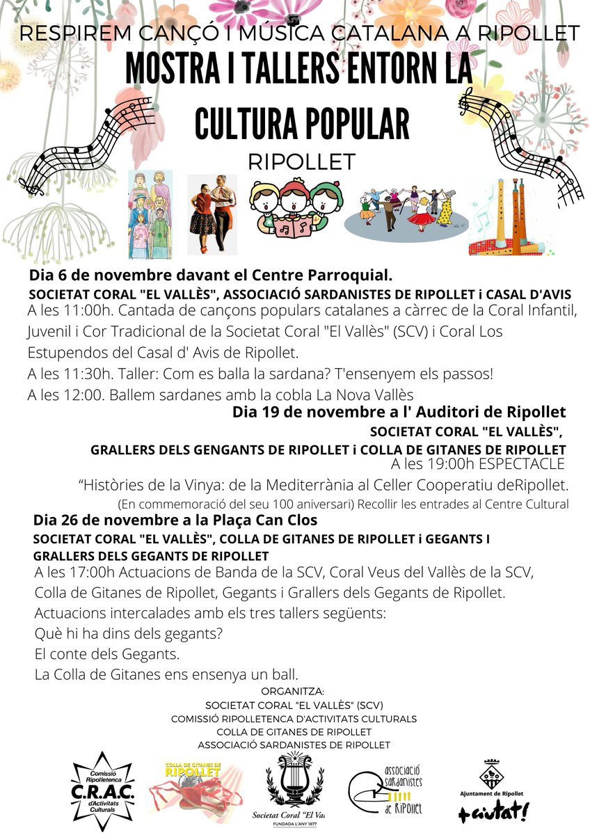 Aquest diumenge 6 de novembre al matí, <a href="/RipolletCoral/">Societat Coral El Vallès</a> i l'Associació Sardanistes de #Ripollet organitzen un matí dedicat a la cultura popular catalana.
📍Rambla de Sant Jordi
⌚️A partir de les 11 del matí

A les 12 h, ballada de #sardanes amb la Cobla La Nova Vallès. #Cultura