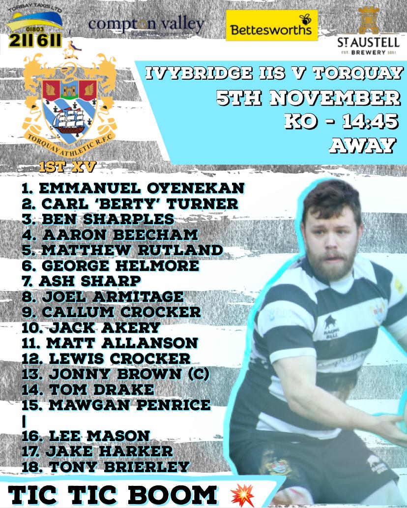 Torquay Rugby Club (@torquayrfc) on Twitter photo Torquay selection for November 5th.
<a href="/IvybridgeRFC/">Ivybridge Rugby Club</a> IIs vs Torquay 14:45 Cross-In-Hand PL21 0LR
Counties 2 Devon
Torquay Extras vs <a href="/PlymUni/">University of Plymouth</a> RFC
CANCELLED. University struggling to raise a side.
Remember to follow Torquay Athletic RFC Live from Ivybridge
#TARFC #TicTicBoom #oneclub Torquay selection for November 5th.
<a href="/IvybridgeRFC/">Ivybridge Rugby Club</a> IIs vs Torquay 14:45 Cross-In-Hand PL21 0LR
Counties 2 Devon
Torquay Extras vs <a href="/PlymUni/">University of Plymouth</a> RFC
CANCELLED. University struggling to raise a side.
Remember to follow Torquay Athletic RFC Live from Ivybridge
#TARFC #TicTicBoom #oneclub