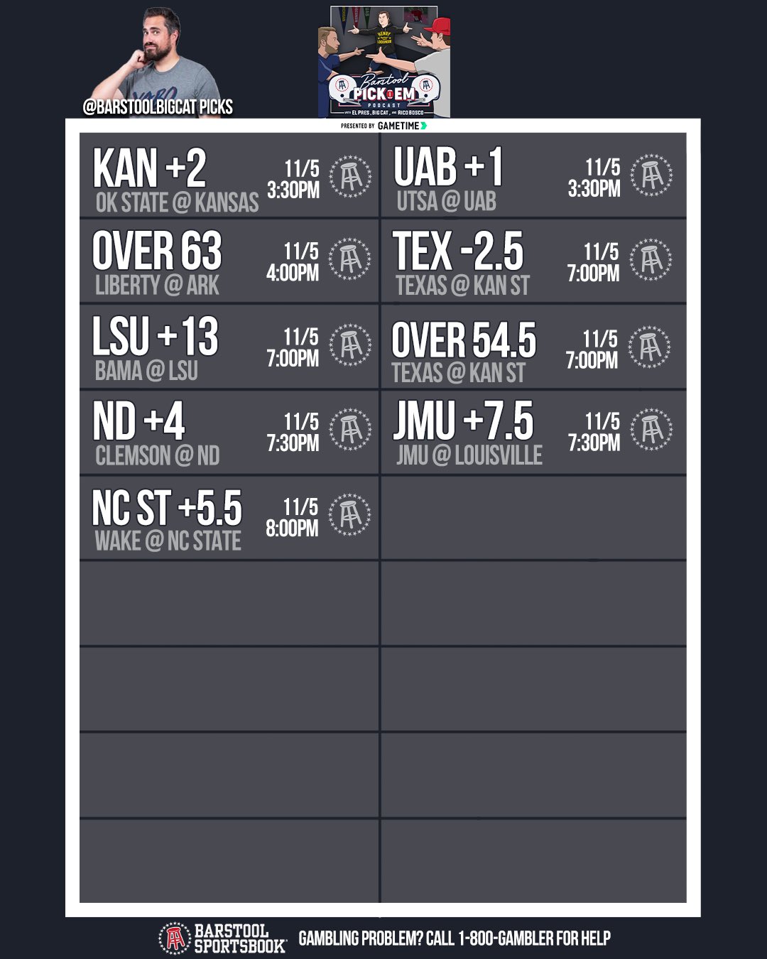 Barstool Pick Em on Twitter ".BarstoolBigCat Week 10 Card https//t