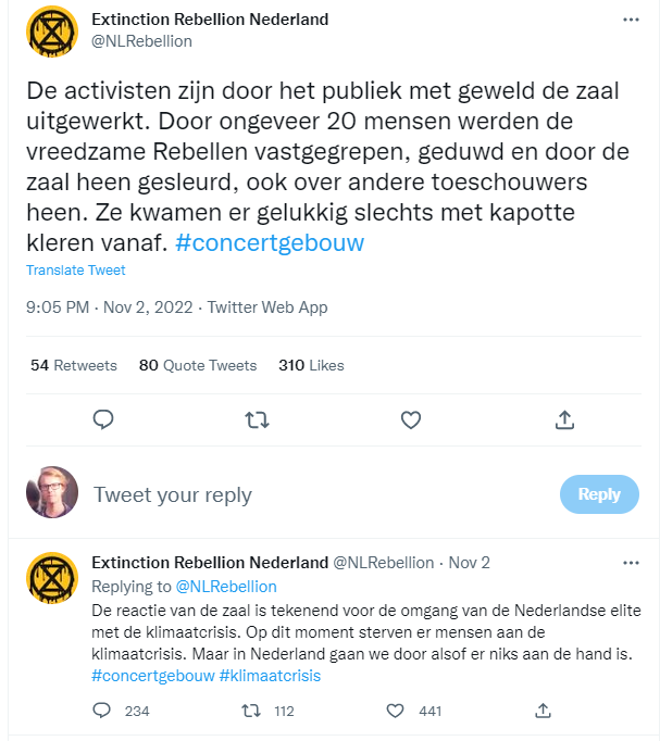mboudry's tweet photo. Als ik dat concert had bijgewoond, zou ik de relschoppers mee de zaal uitgesleurd hebben. Dit is niet alleen vreselijk verwaand &amp; aanstellerig, @NLRebellion, het berokkent ook grote schade aan jullie zaak. Geen betere manier om iedereen een afkeer van klimaatactivisme te bezorgen https://t.co/LRpltH2385