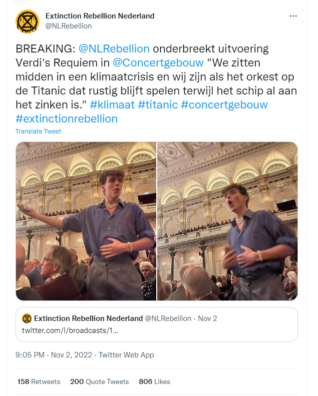 mboudry's tweet photo. Als ik dat concert had bijgewoond, zou ik de relschoppers mee de zaal uitgesleurd hebben. Dit is niet alleen vreselijk verwaand &amp; aanstellerig, @NLRebellion, het berokkent ook grote schade aan jullie zaak. Geen betere manier om iedereen een afkeer van klimaatactivisme te bezorgen https://t.co/LRpltH2385