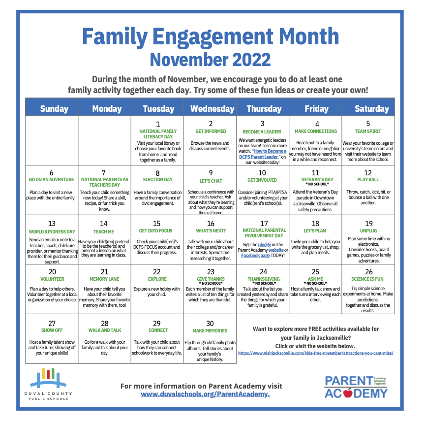 November is Family Engagement Month!

We encourage you to do at least one family activity each day in November.

Try some of these fun ideas this weekend, or create your own!
Visit ow.ly/1Bgt50LuxX9