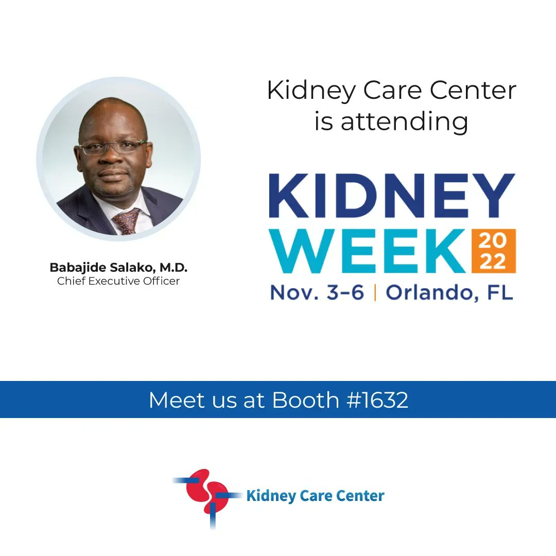 Dr. Babajide Salako, Chief Executive Officer at KCC, is attending ASN Kidney Week. Feel free to swing by to say hello at booth #1632 

#KidneyWeek #2022KidneyWeek #KidneyWk #KCC #ASN #ASNkidneyweek #KidneyCare
