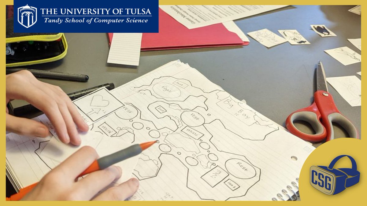 utulsacompsci's tweet photo. In our #GameDesign Concepts course students have been busy creating #PhysicalPrototypes of their group #game projects. Next week is #GameDay, when the groups will #playtest each other's games. @utulsa #CSG https://t.co/7ogEQwaxFr