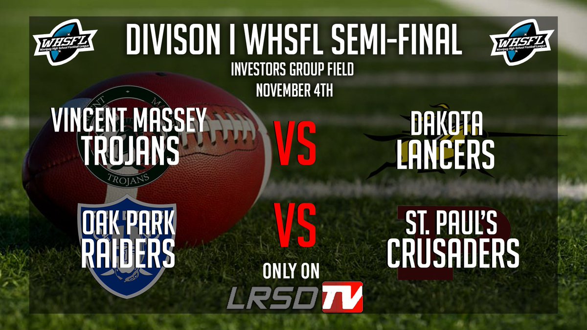 More of the <a href="/The_WHSFL/">The WHSFL</a> Semi-Finals is taking place tonight! Once again, you can catch the action live on <a href="/LRSD_TV/">ATC Broadcast Media</a> 

Games at IG Field 

<a href="/icvmcfootball/">ICVMCfootball</a> vs @dciLRSD (5:00pm) 
<a href="/op_footballwpg/">OP Raider Football</a>  vs <a href="/CruSport/">St Paul's Crusaders</a> (7:30pm)