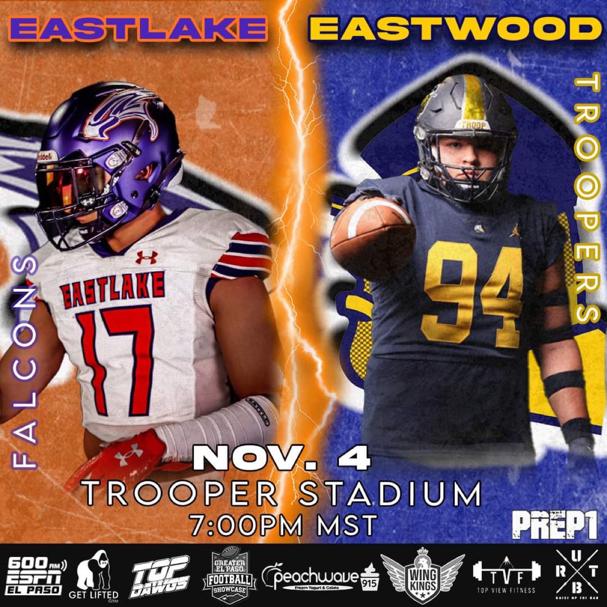 Prep1USA's tweet photo. ⚡️#PREP1 ➲ West Texas
🏈 𝙂𝙖𝙢𝙚𝘿𝙖𝙮 𝘾𝙤𝙫𝙚𝙧𝙖𝙜𝙚 • 11/04/22
#TXHSFB “𝕃𝕀𝕍𝔼” 7:00pm MST 

Eastlake Falcons 
🆅🆂 Eastwood Troopers 

[◉"] ➲ @mydezigns22 

#915Showcase | #FFN600 | #TopViewFitness | #TopDawgs | #Prep1Famous | #Prep1Athletes https://t.co/EHdnRQIXS7