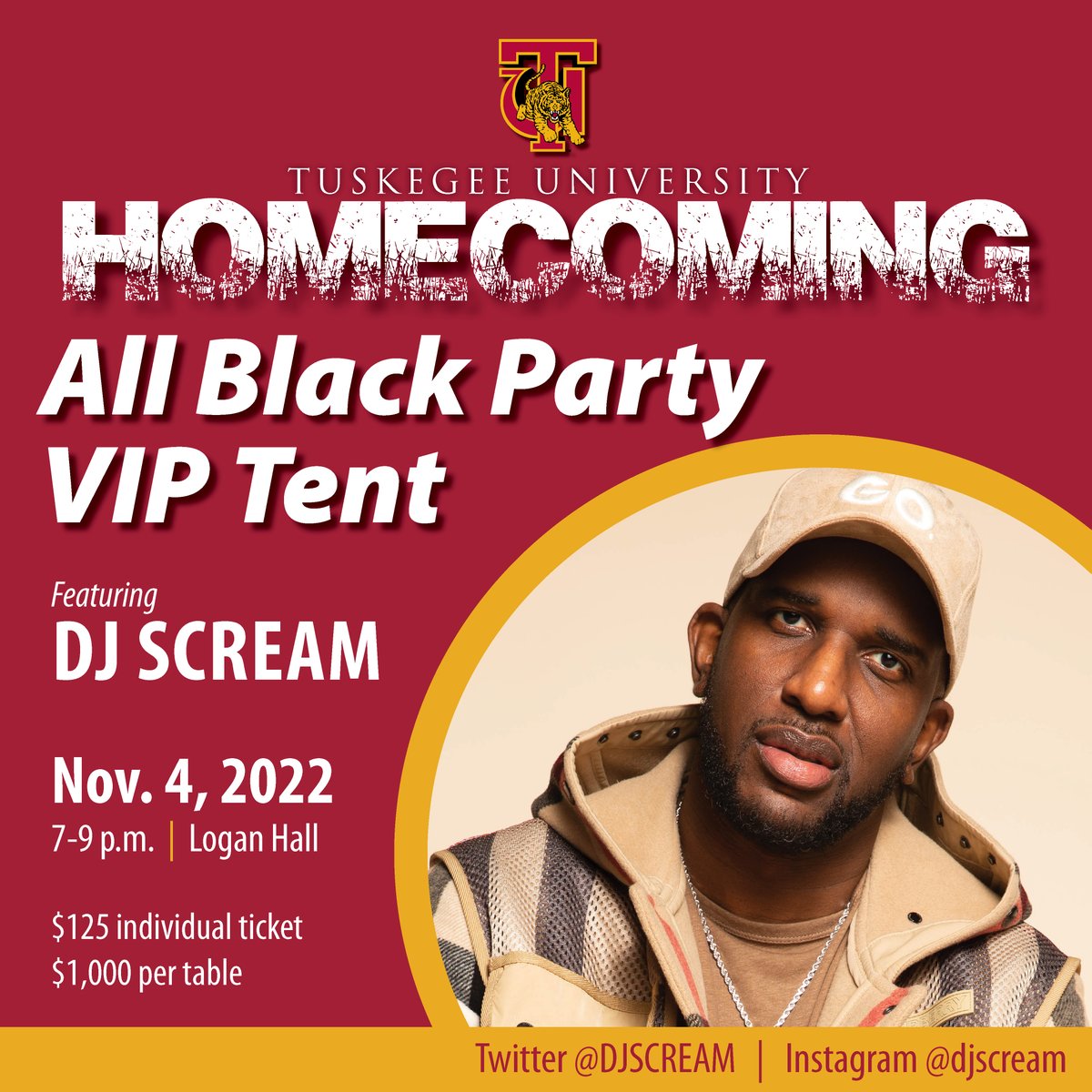 Alumni join us for the All-Black Party VIP Tent tonight from 7-9 p.m. with DJ Scream! Purchase tickets at: eventbrite.com/e/all-black-pa… #TUHC22 #OneTuskegee #GoldenTigers #TuskegeeUniversity