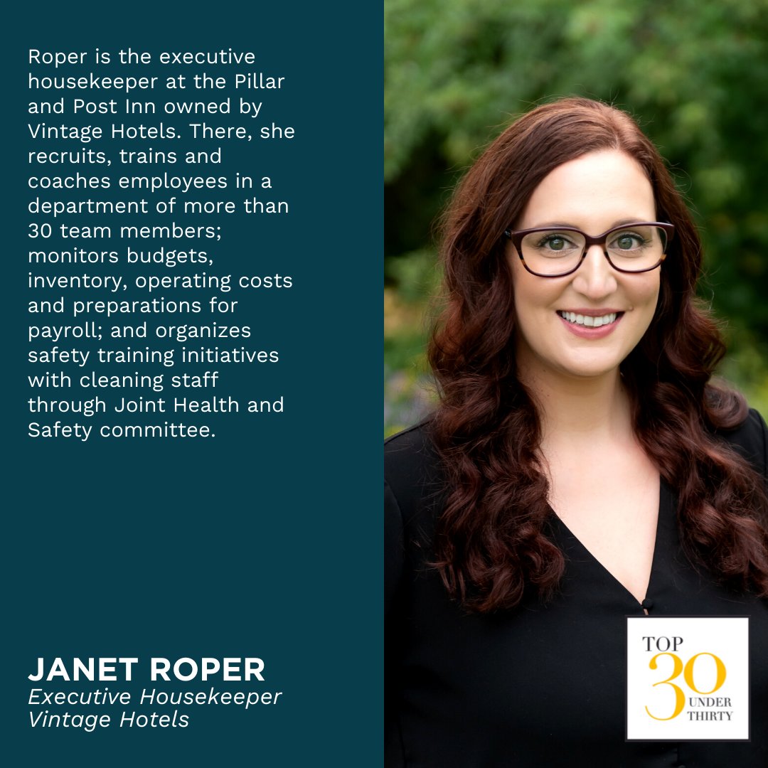 Top 30 Under 30 🏆

Janet Roper, 28
Executive Housekeeper, Vintage Hotels (<a href="/Vintage_Hotels/">Vintage Hotels</a>)