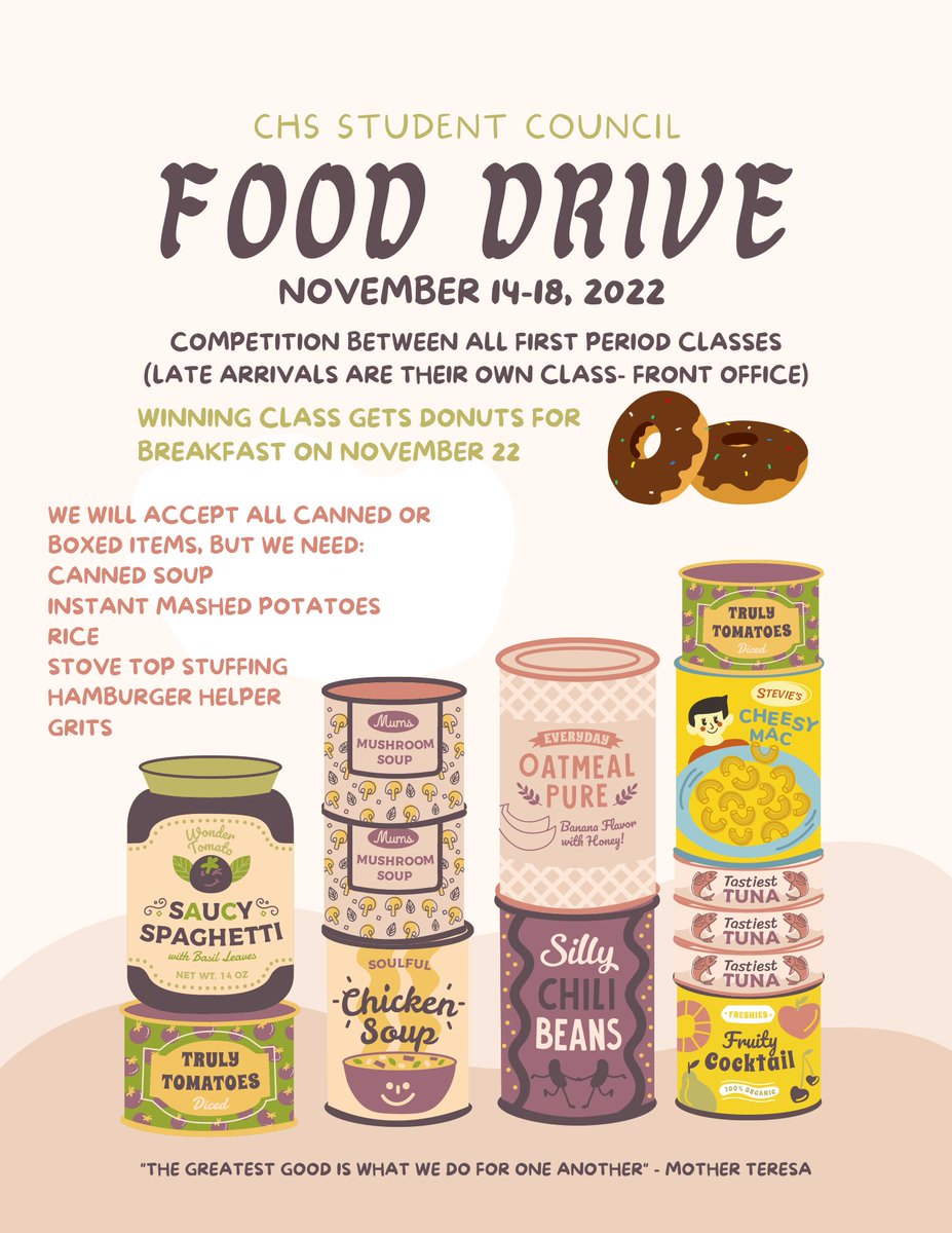 ClintonHSGuide's tweet photo. CHS is hosting a canned food drive November 14-18 to support United Ministries. https://t.co/ePnlS3d7t7