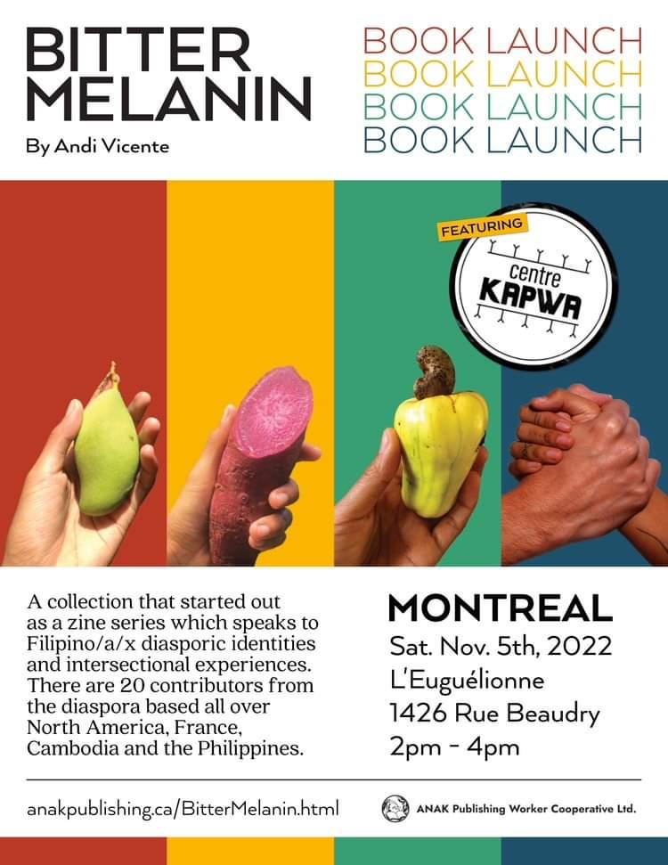 Bitter Melanin book launch &amp; tour kicks off this weekend! Join us *in person* in Montréal on Saturday Nov. 5, 2pm-4pm @librairiefemmtl (1426 Rue Beaudry) w/ creator <a href="/andivice1/">Andi Vicente</a> ft. Centre Kapwa &amp; readings from local contributors
RSVP: facebook.com/events/s/bitte…
#montreal #booklaunch