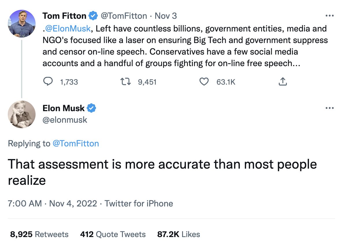 OScampington's tweet photo. Real #leadership means knowing how to prioritize your day. Kudos to @elonmusk for taking time ou of firing 50% of #Twitter to respond to these quality users. https://t.co/Nal1xMij5G