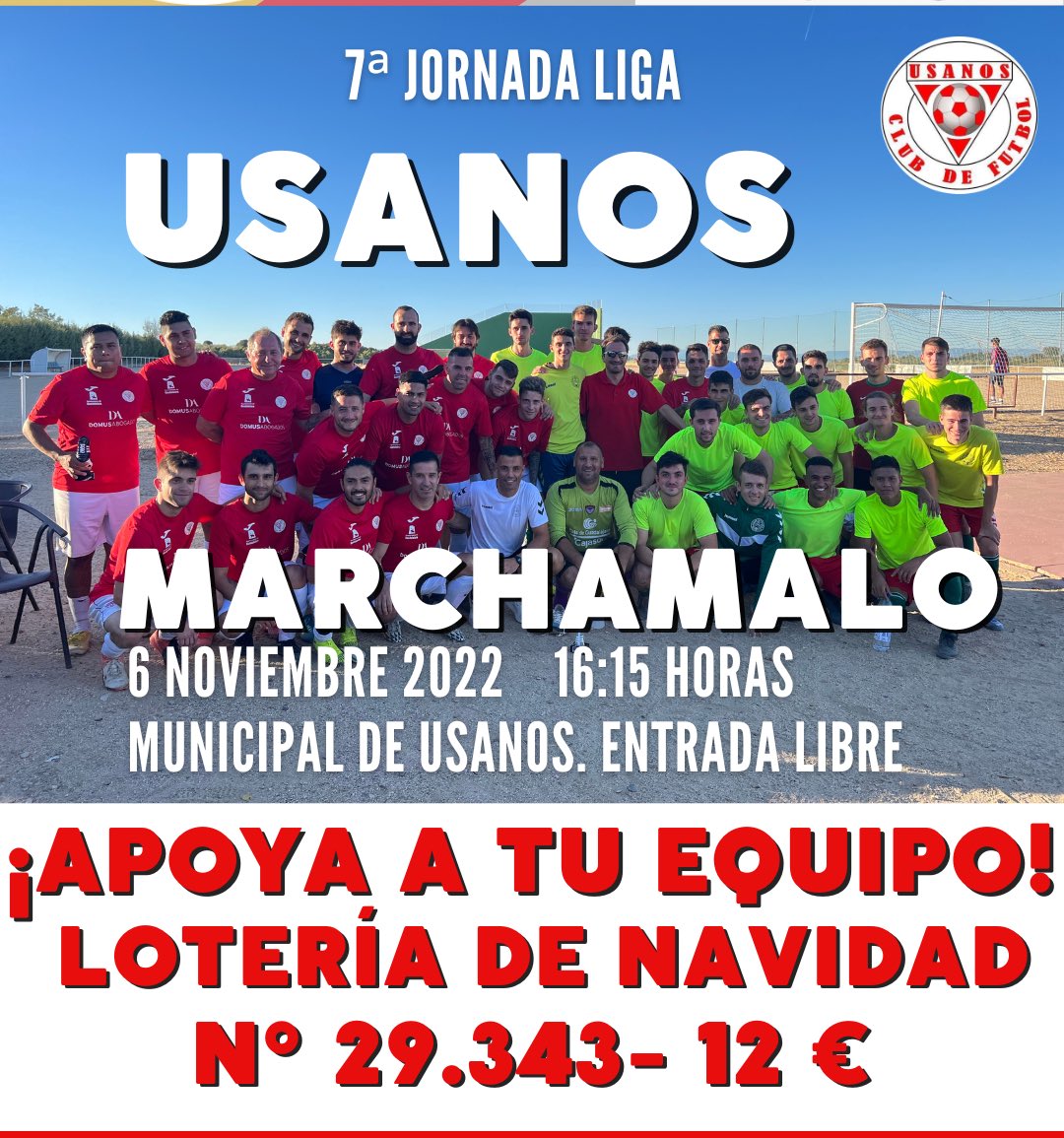 No hagáis planes para el domingo por la tarde que nos vuelven a visitar nuestros vecinos de <a href="/CDMarchamaloB/">CD MARCHAMALO B</a> esta vez en partido oficial y ya sabéis lo que eso significa⚽️🎉🍻Llevad pasta que ya hay lotería del club para Navidad🍀acabada en 43 como los años de historia del Usanos💪🏻