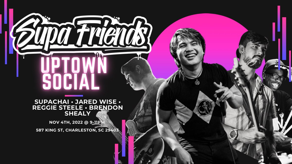 STOP 🛑🛑🛑

Wait a minute!! It’s <a href="/supafriends803/">Supa Friends</a> at <a href="/UptownSocialCHS/">Uptown S</a> TONIGHT AT 9PM 🚨🚨🚨

Tonight’s roster includes chs bassist, Brendon Shealy!!! Come get schwasted w/ us ✌🏼