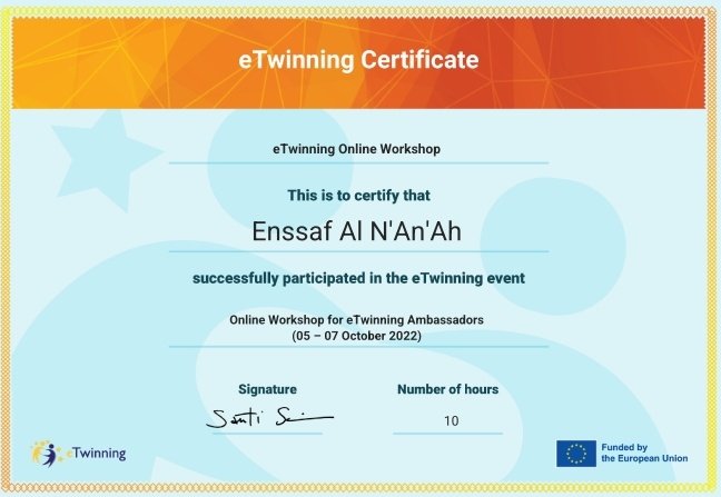 t_alna's tweet photo. My certificate for  Online Workshop for eTwinning Ambassadors (05-07 October) https://t.co/IirbftVnhx