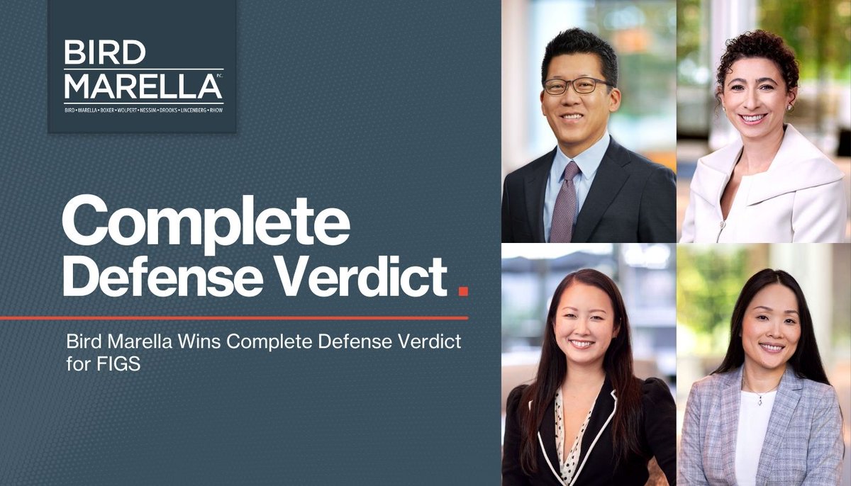 BirdMarella's tweet photo. After less than a full day of jury deliberations, Bird Marella won a complete defense verdict for healthcare apparel and lifestyle brand @wearfigs in a $200 million false advertising #trial. Read about the victory here:  https://t.co/5bO7MRYdQK #LawTwitter #BusinessLitigation https://t.co/rLeOxoNO05