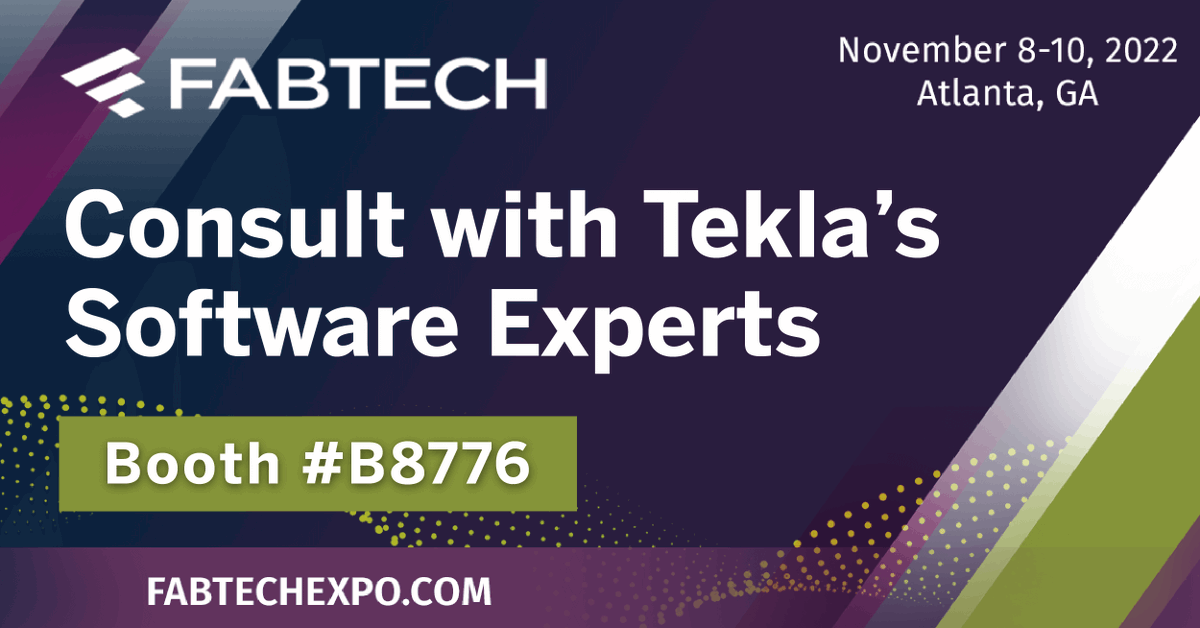 Tekla's tweet photo. Will you be attending next week's Fabtech Conference? Make sure you make time to visit booth #B8776 and have a chat with Tekla's software experts!

#differentbutbetter #fabtech #fabrication #bim #3dmodeling #structuralmodeling #digitalconstruction #tekla #trimble https://t.co/O7ysccPVP1