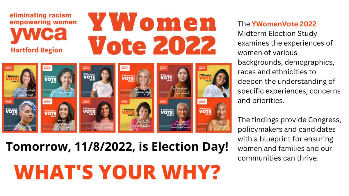 Tomorrow, November 8, 2022, is Election Day. Your Voice Matters! Share with us, What’s your Why? Why do you vote? Read the report here:  ywcahartford.org/advocacy/vote.…