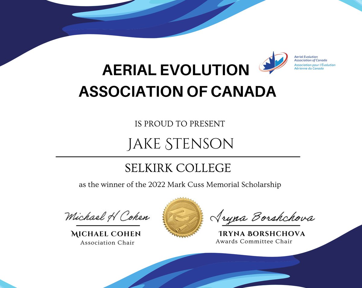 aerial_canada's tweet image. Congratulations to Jake Stenson, winner of the prestigious Mark Cuss Memorial Scholarship: