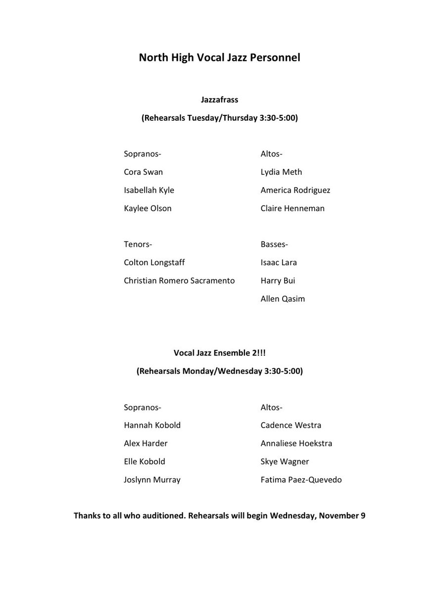 Congratulations to the members of the @SiouxCityNorth Jazzafrass and Vocal Jazz Ensemble 2 (better name forthcoming)! Rehearsals start next week! #doobeedoobeedoo