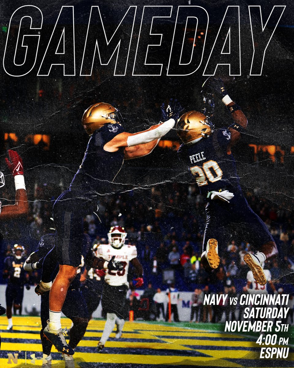 NavyFB's tweet photo. G A M E D A Y !

🆚: Cincinnati
📅: Saturday, Nov. 5
⏰: 4:00 pm
📍: Nippert Stadium, Cincinnati, Ohio
📺: ESPNU
📻: Navy Radio Network
📊: Stat Broadcast https://t.co/fb4e8XwjMl